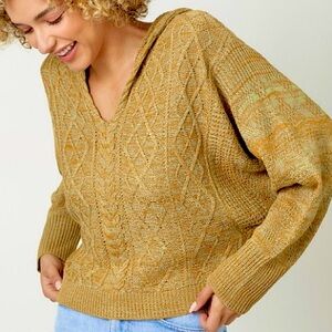 MYSTREE Winnie Hooded Mustard Mint Cable Knit Cropped Sweater Loose Fit M